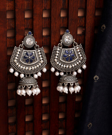 Blue Meenakari Kundan & Pearl Floral Ethnic Drop Jhumka Earrings
