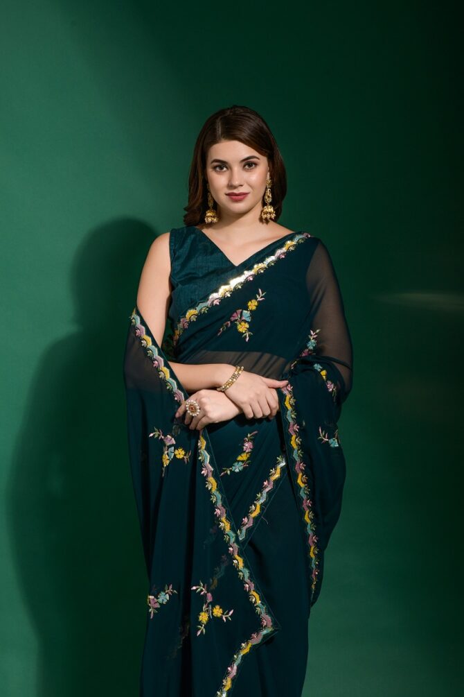 Kabiri Georgette Heavy Work Sequence Saree (Petrol)