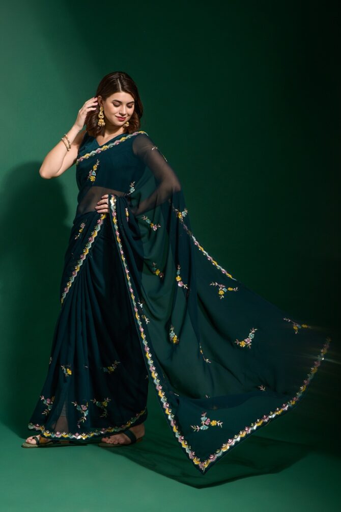 Kabiri Georgette Heavy Work Sequence Saree (Petrol)