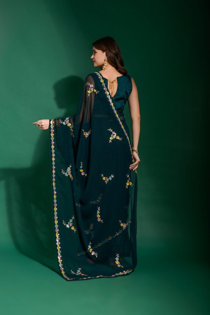 Kabiri Georgette Heavy Work Sequence Saree (Petrol)