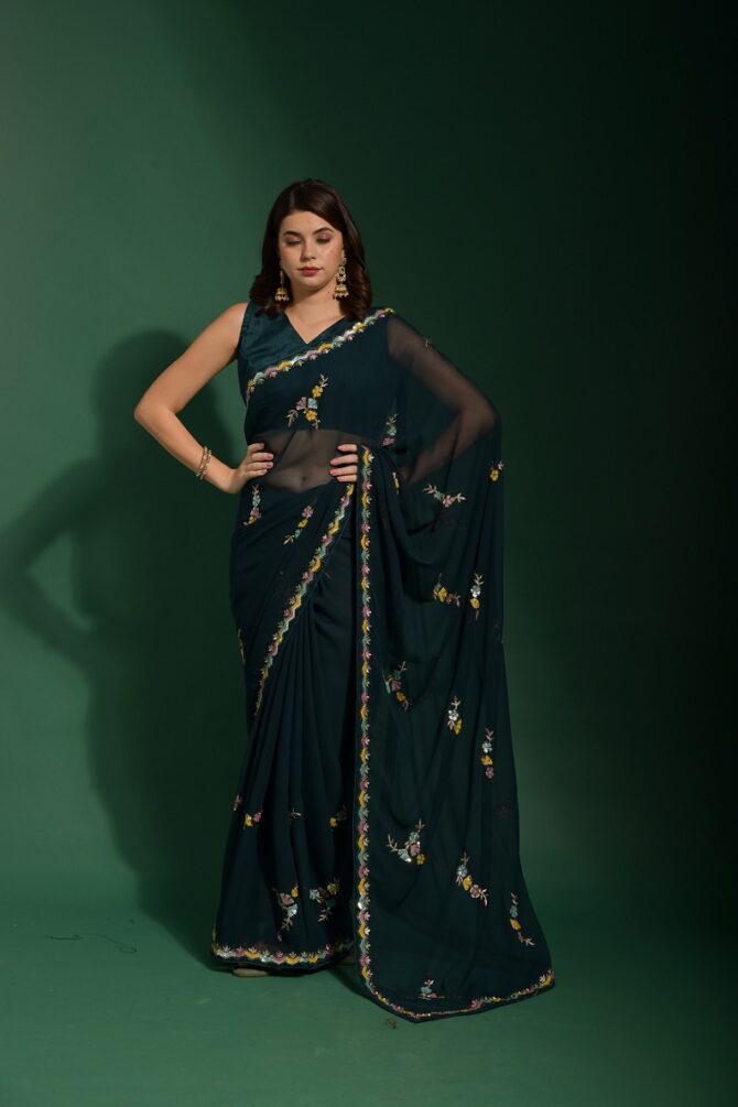 Kabiri Georgette Heavy Work Sequence Saree (Petrol)