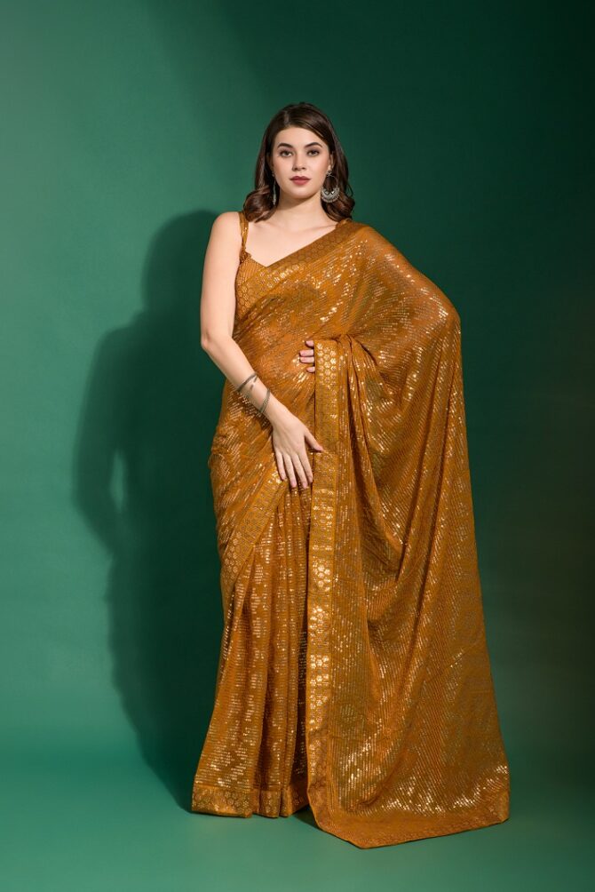 Kiyara Fancy Emboss Sequance Embroidery work Saree (Mustard)