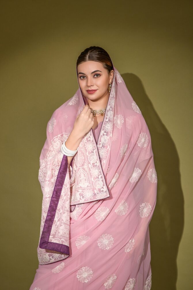 Heavy Blooming Georgette Traditional  Lakhnavi Saree (Onion)