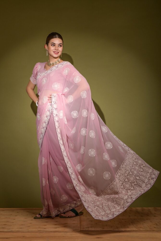 Heavy Blooming Georgette Traditional  Lakhnavi Saree (Onion)