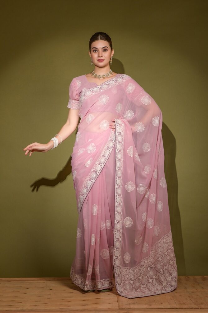 Heavy Blooming Georgette Traditional  Lakhnavi Saree (Onion)
