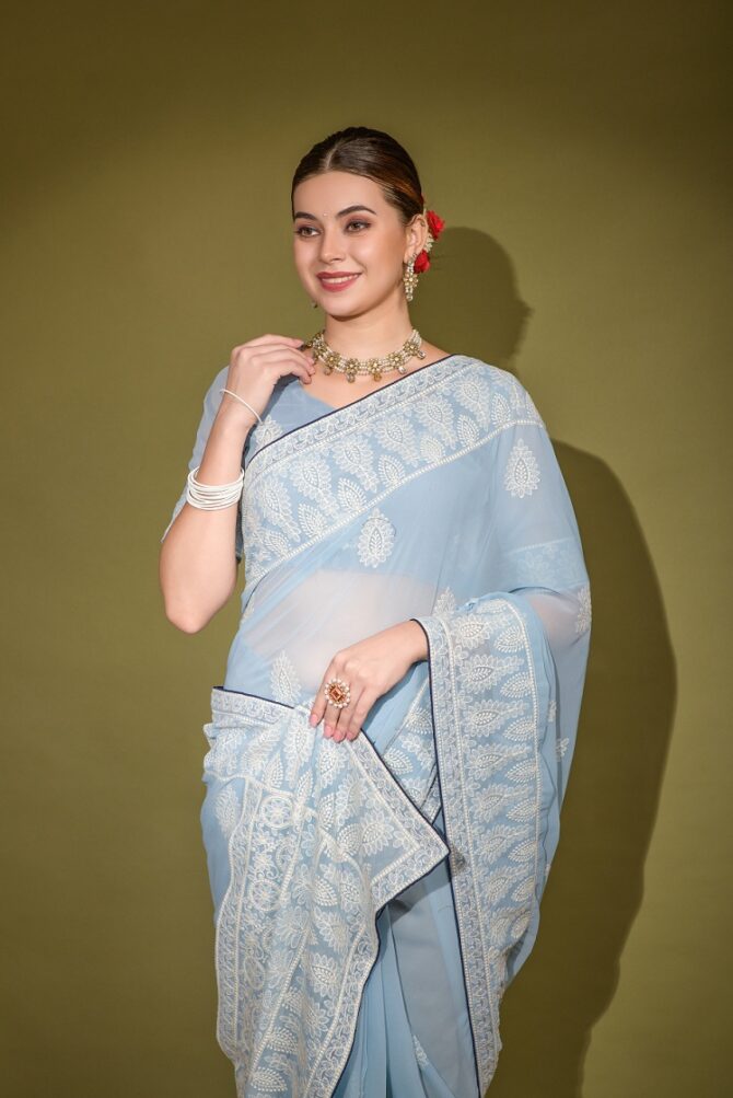 Heavy Blooming Georgette Traditional  Lakhnavi Saree ( Sky blue)