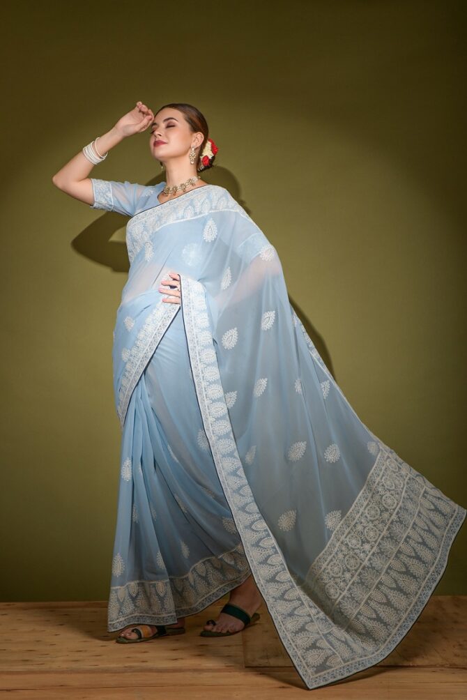 Heavy Blooming Georgette Traditional  Lakhnavi Saree ( Sky blue)