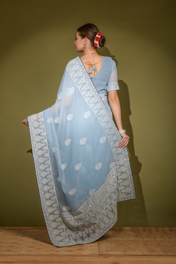 Heavy Blooming Georgette Traditional  Lakhnavi Saree ( Sky blue)