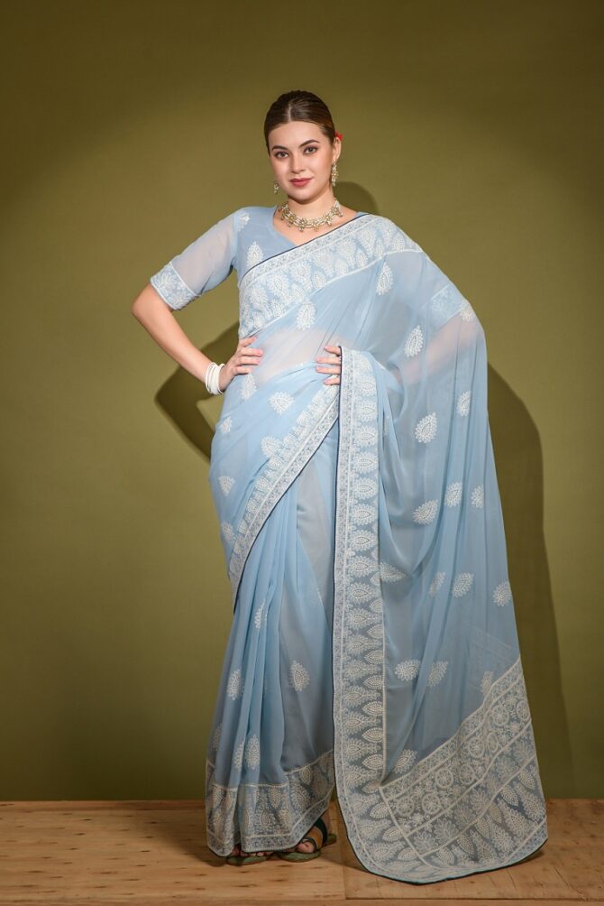 Heavy Blooming Georgette Traditional  Lakhnavi Saree ( Sky blue)
