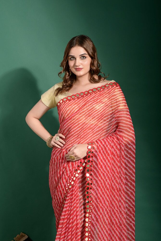 Laheriya Heavy Chiffon Printed Saree (Red)