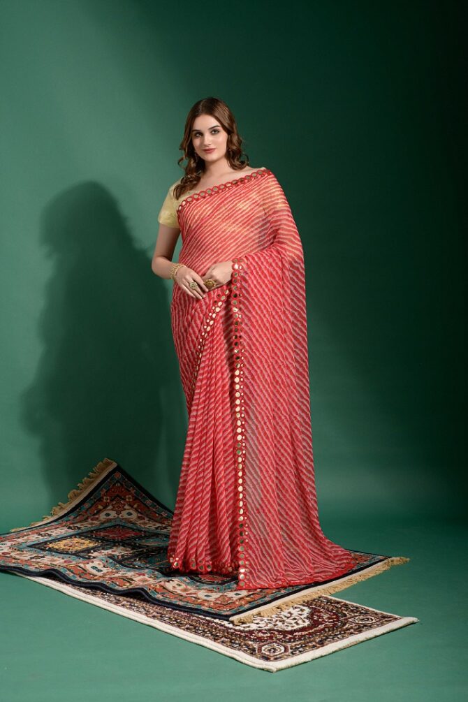 Laheriya Heavy Chiffon Printed Saree (Red)