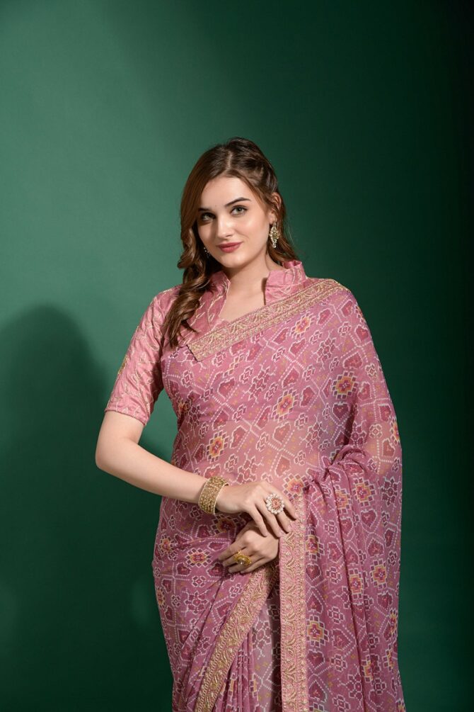 Sela Printed & Embroidery Worked Saree (Onion)