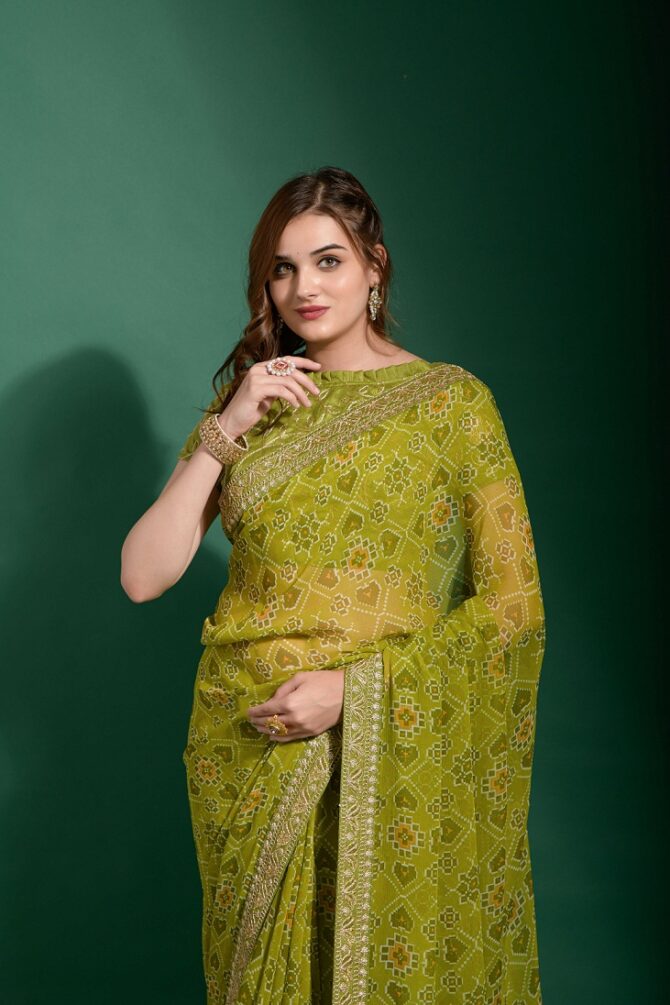 Sela Printed & Embroidery Worked Saree (Parrot Green)