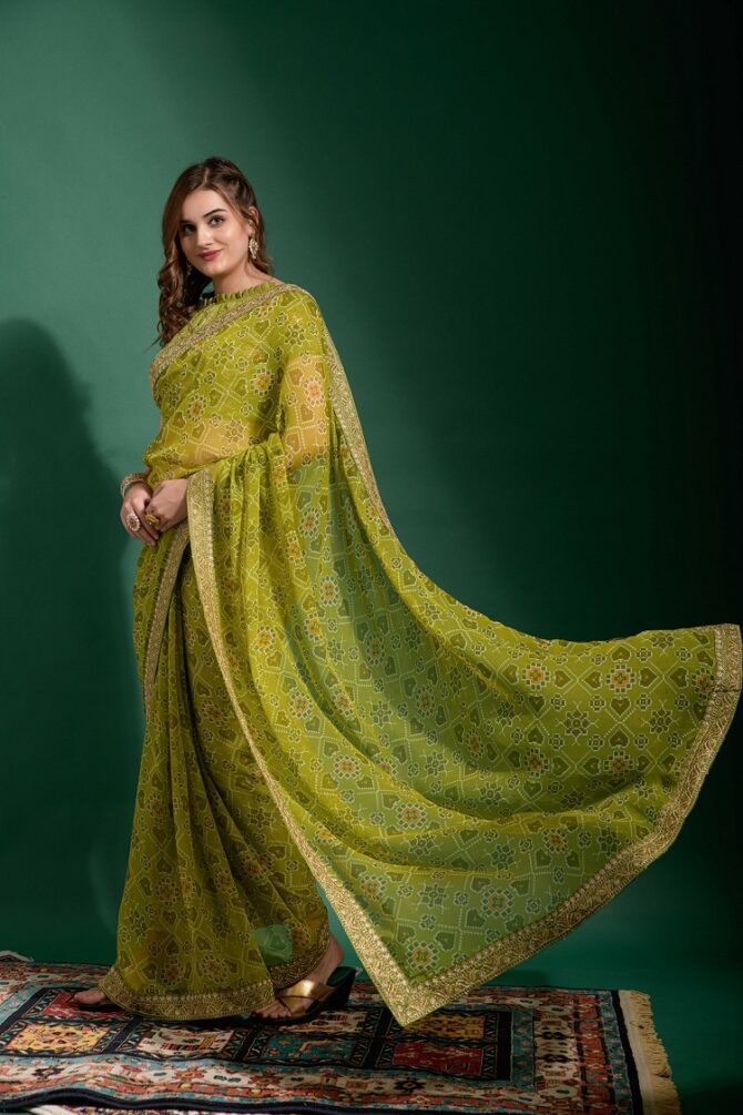 Sela Printed & Embroidery Worked Saree (Parrot Green)