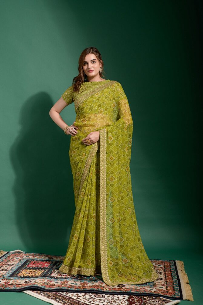 Sela Printed & Embroidery Worked Saree (Parrot Green)