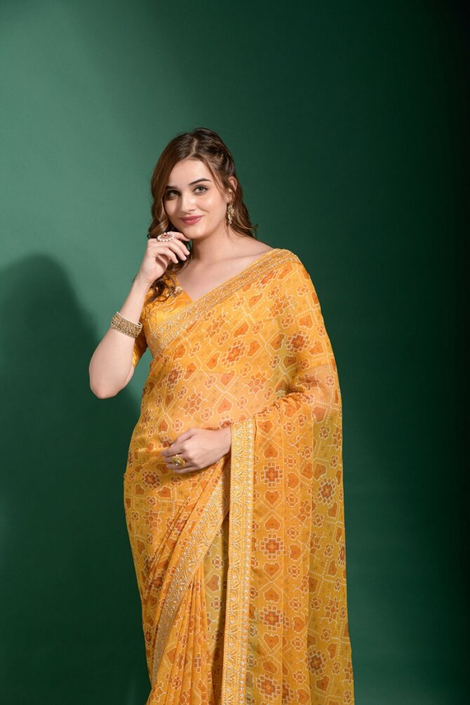 Sela Printed & Embroidery Worked Saree (Yellow)
