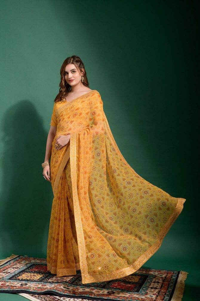 Sela Printed & Embroidery Worked Saree (Yellow)