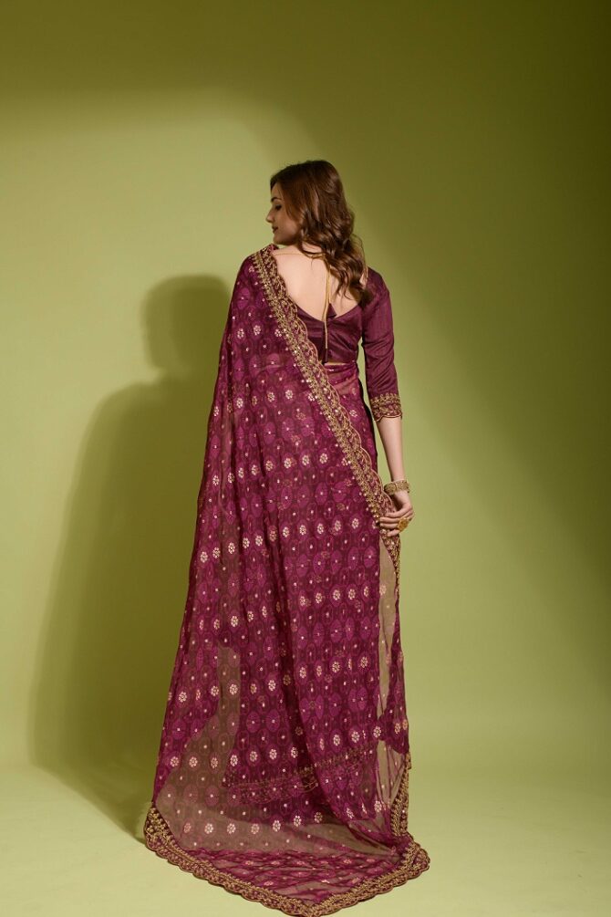 Velley Georgette Chiffon Flower Print Saree (Wine)