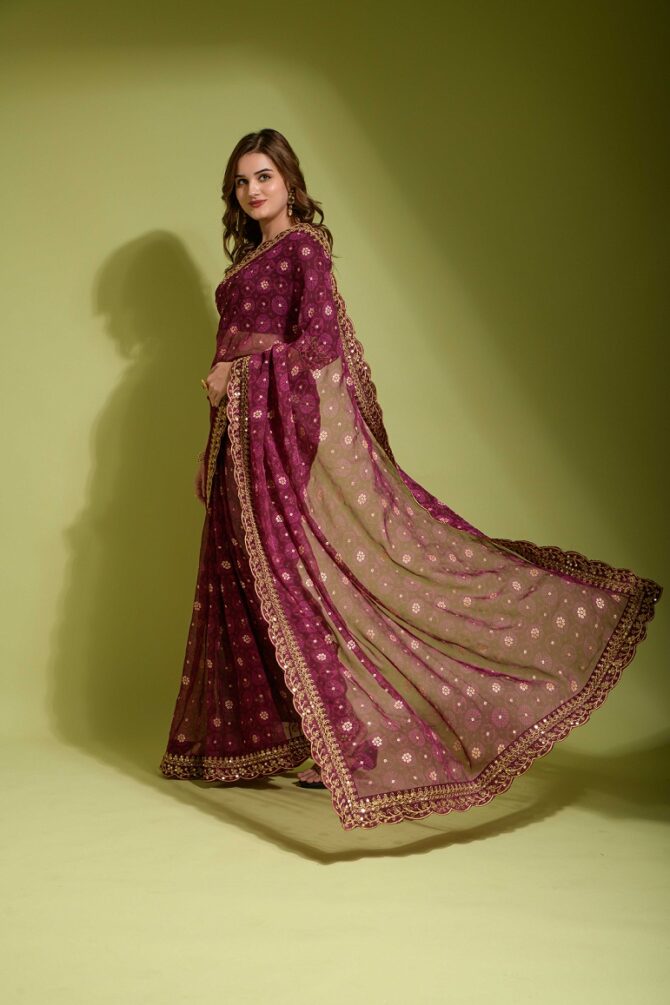 Velley Georgette Chiffon Flower Print Saree (Wine)