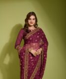 Velley Georgette Chiffon Flower Print Saree (Wine)