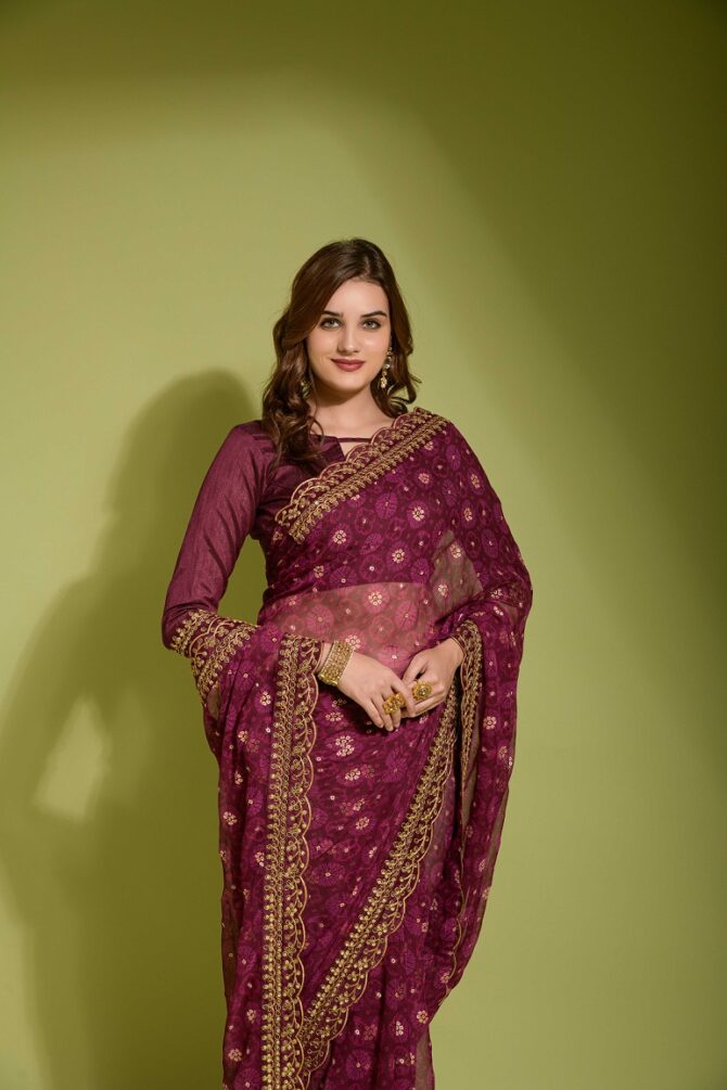 Velley Georgette Chiffon Flower Print Saree (Wine)