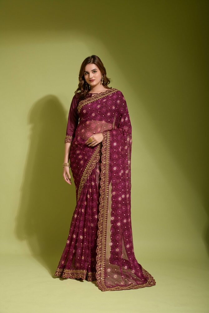 Velley Georgette Chiffon Flower Print Saree (Wine)