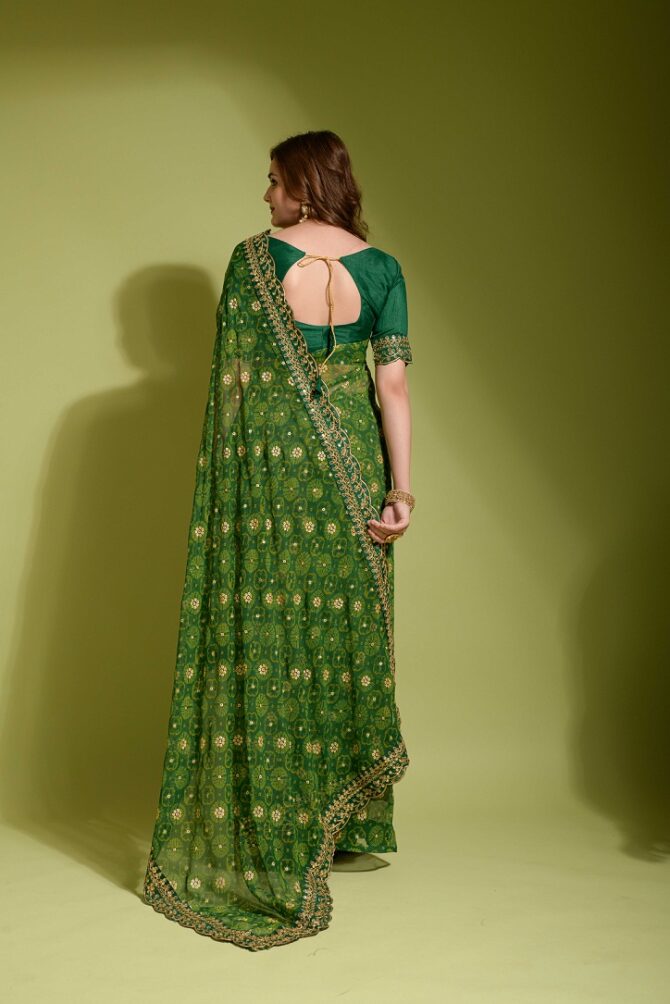 Velley Georgette Chiffon Flower Print Saree (Green)