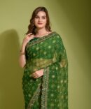 Velley Georgette Chiffon Flower Print Saree (Green)