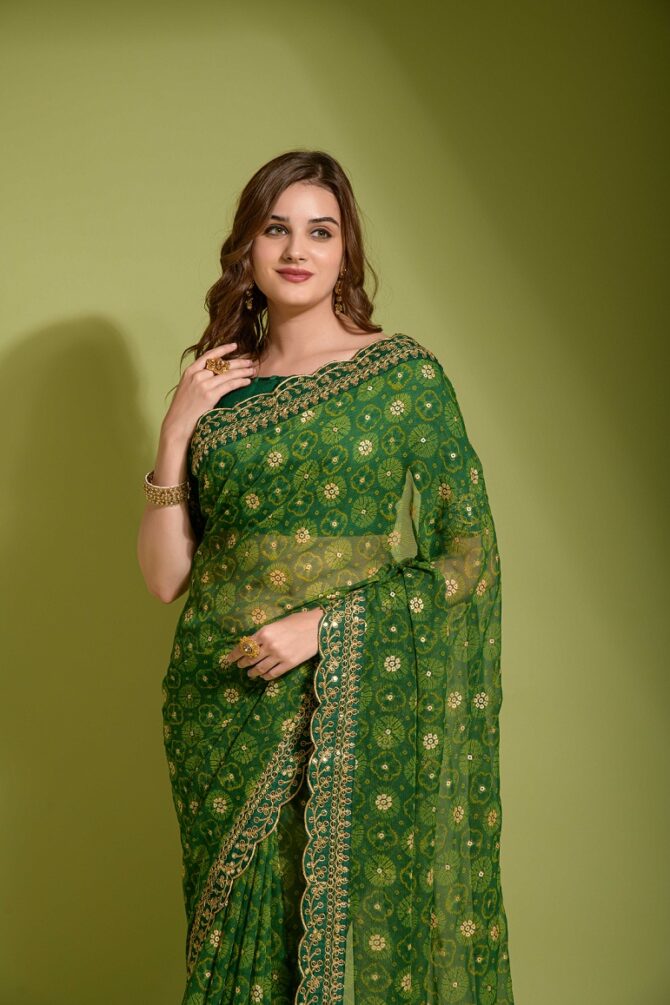 Velley Georgette Chiffon Flower Print Saree (Green)