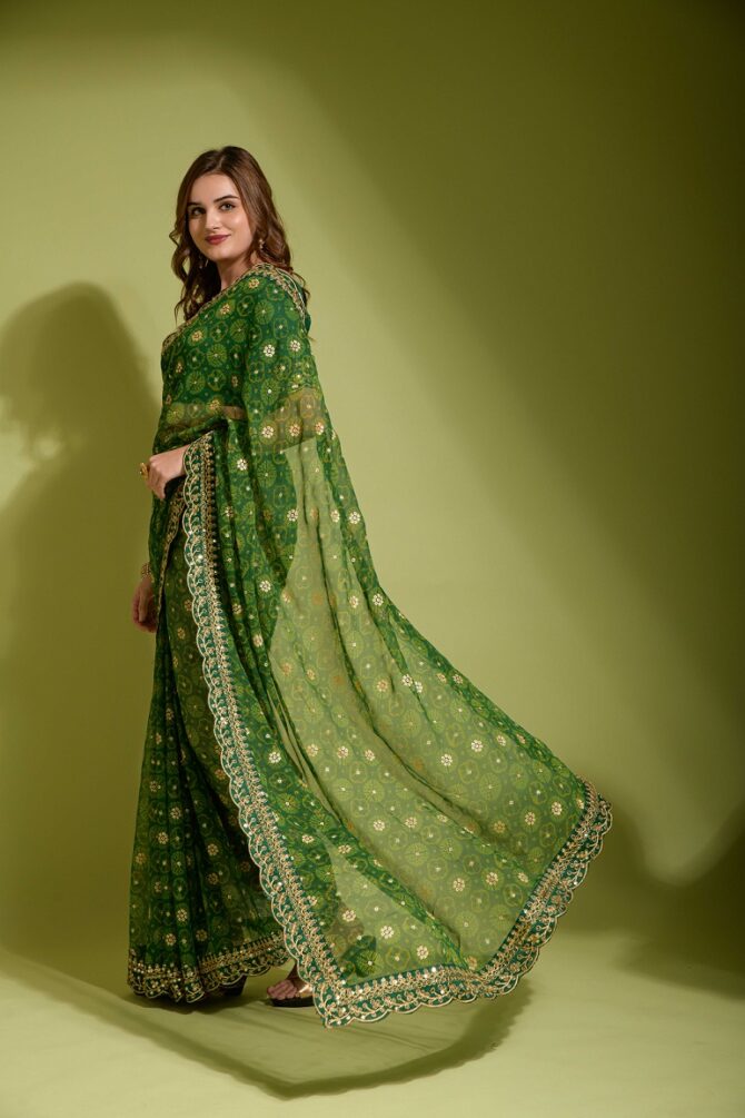 Velley Georgette Chiffon Flower Print Saree (Green)