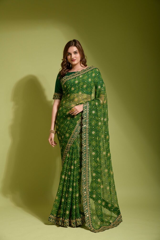 Velley Georgette Chiffon Flower Print Saree (Green)