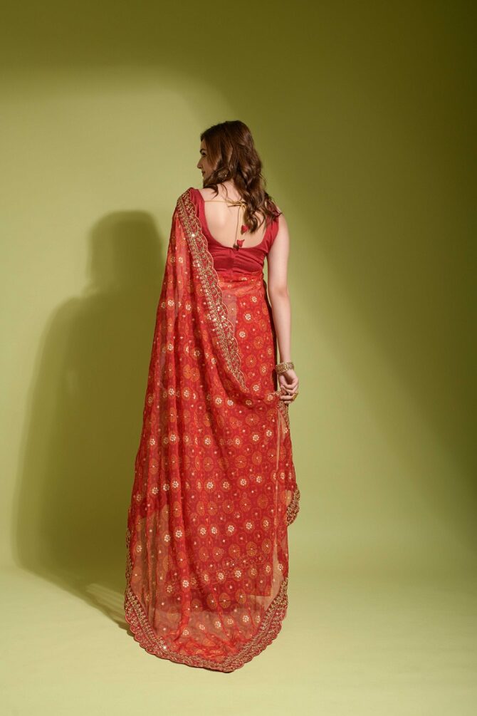 Velley Georgette Chiffon Flower Print Saree (Red)