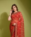 Velley Georgette Chiffon Flower Print Saree (Red)