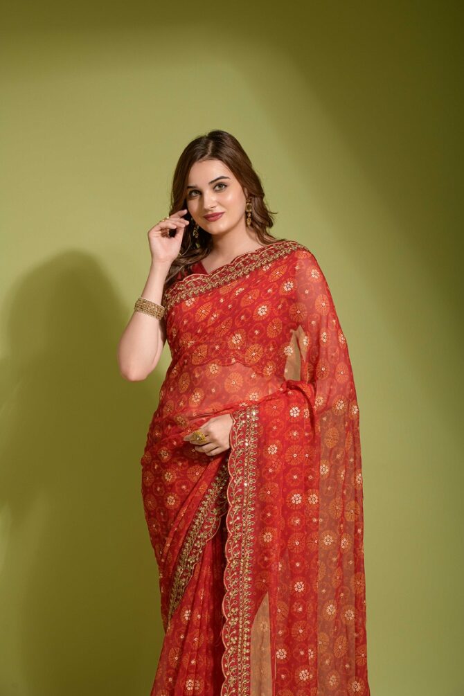 Velley Georgette Chiffon Flower Print Saree (Red)