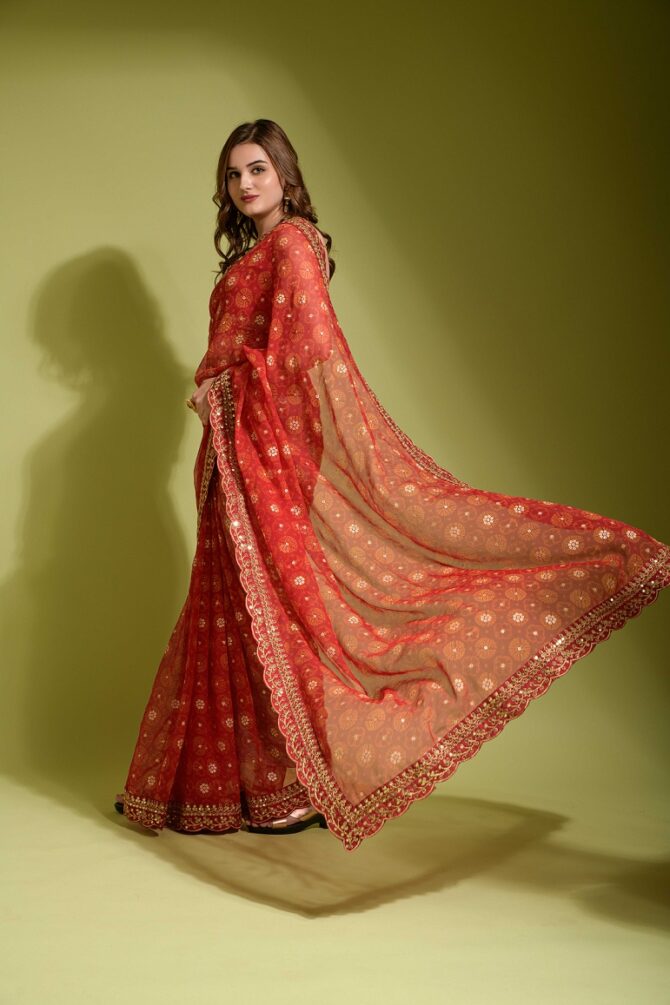Velley Georgette Chiffon Flower Print Saree (Red)