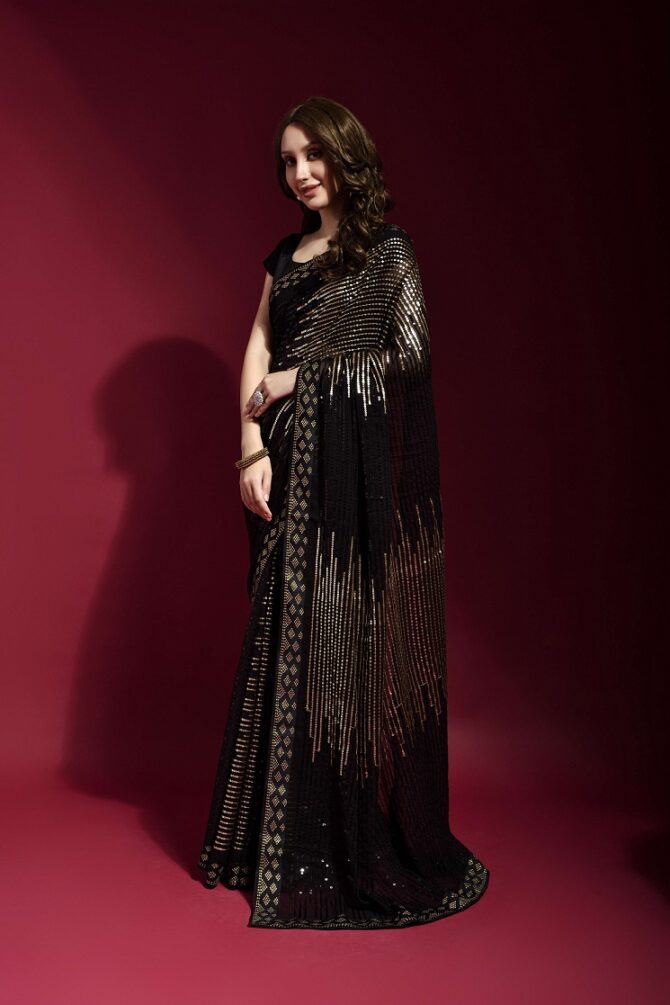Pyramid Georgette Saree With Sequence Work (Golden)