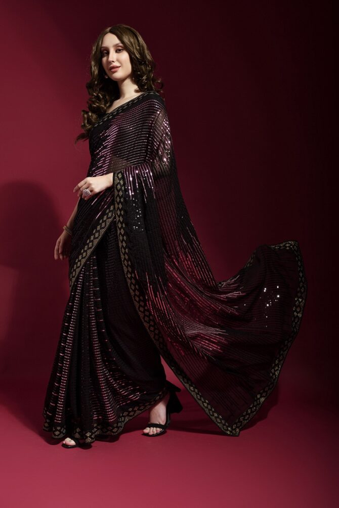 Pyramid Georgette Saree With Sequence Work (Onion)
