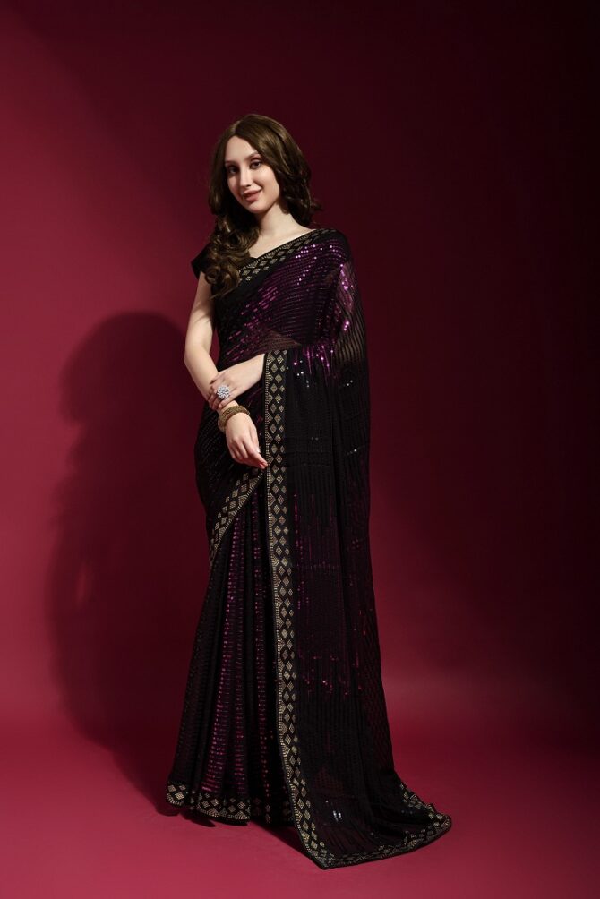 Pyramid Georgette Saree With Sequence Work (Wine)