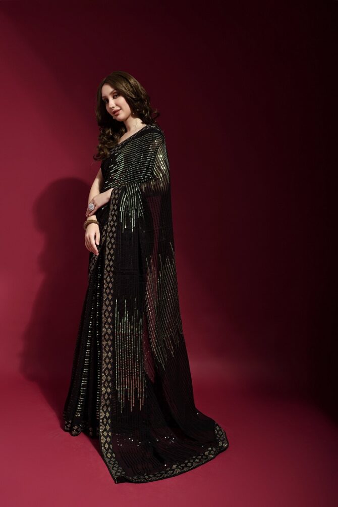 Pyramid Georgette Saree With Sequence Work (Pista)