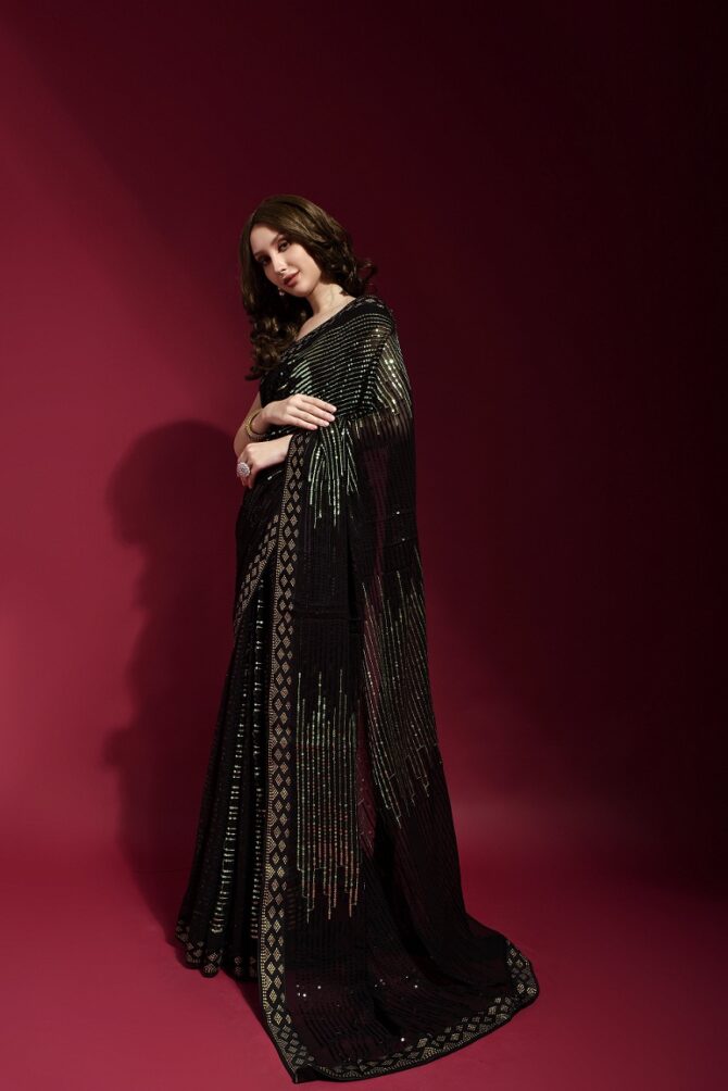 Pyramid Georgette Saree With Sequence Work (Pista)