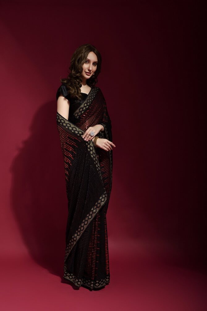 Pyramid Georgette Saree With Sequence Work (Red)