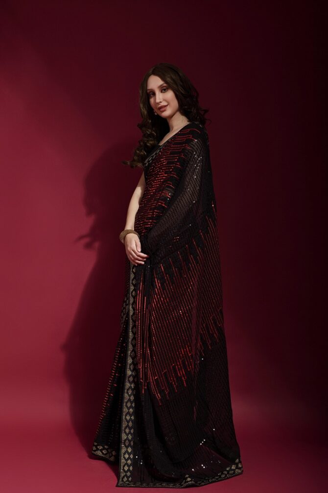Pyramid Georgette Saree With Sequence Work (Red)
