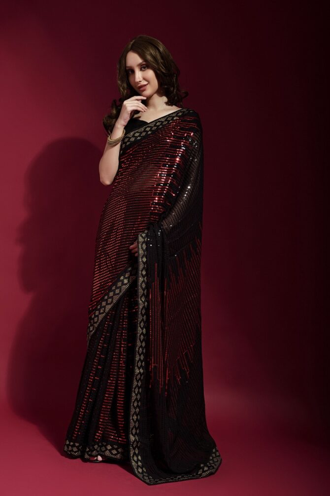 Pyramid Georgette Saree With Sequence Work (Red)