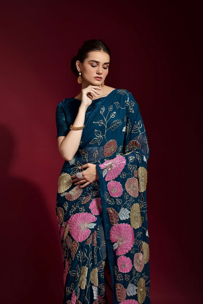 Gulabo premium georgette saree (Petrol)