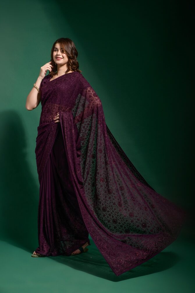 Gauri Heavy Georgette Blooming Saree (Wine)