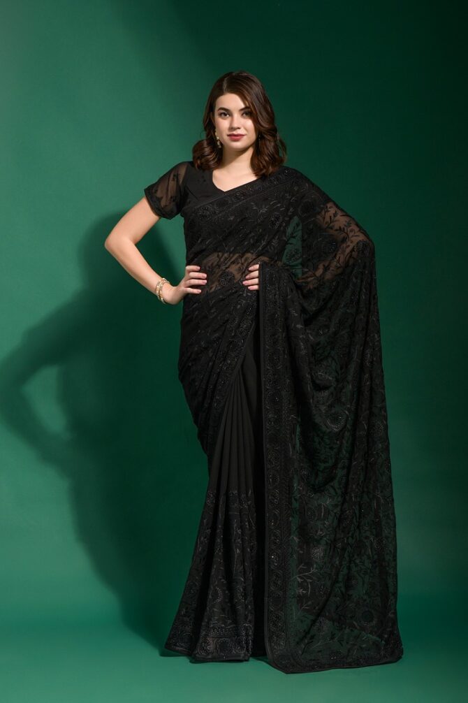 Gauri Heavy Georgette Blooming Saree (Black)