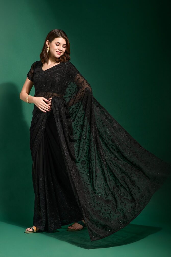 Gauri Heavy Georgette Blooming Saree (Black)