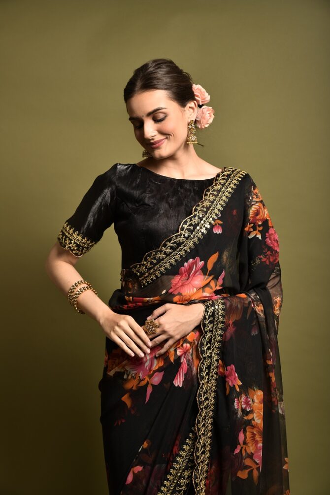 Velley Georgette Flower Print Saree (Black)