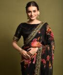 Velley Georgette Flower Print Saree (Black)