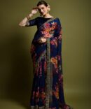Velley Georgette Flower Print Saree (Nevy Blue)
